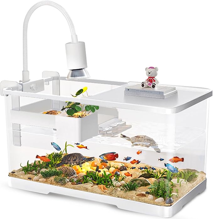 (Tank + Light + Filter + Filter Balls) Turtle Tank Kit, Turtle Tank Starter Kit,Bottom Drainage, Multi-Function Areas for Turtles, Crabs,Fishes, Amphibians,Reptiles. (15.75 x 8.64 x 8.64 Inch)-Mewly Pet