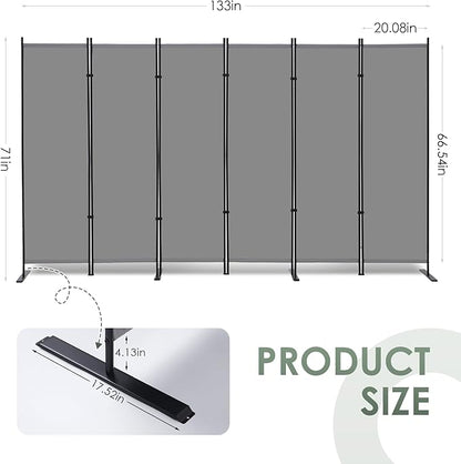 RANTILA 6 Panel Room Divider, 6 FT Folding Privacy Screen with Wide Feet, Freestanding Partition for Room Separation, Portable Room Divider Panel, 133" W x 71" H, Grey