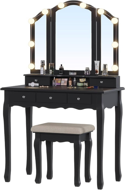 Tiptiper Makeup Vanity with Lights, Vanity Desk with 10 Light Bulbs & 3 Color Lighting Modes, Vanity Table with 5 Drawers and Cushioned Stool, Makeup Table with Tri-Fold Mirror for Women Girls, Black
