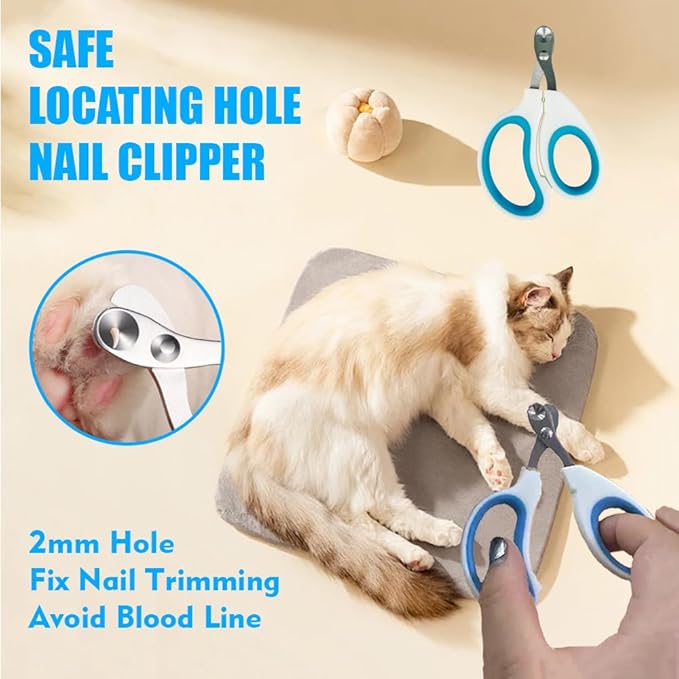 Grooming Brush Kit - 5pcs for Shedding & Matted Fur, Self-Cleaning with Flea Comb for Indoor Long-Haired Cats, Blue-Mewly Pet