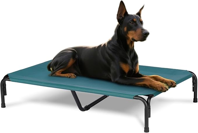 Elevated Dog Bed for Outdoor, XXXL Raised Dogs Cot with Washable Mesh, Cooling Pet Beds Chew Proof Dog Hammock, Metal Frame Lifted Platform for Training Outside Camping, 59 inch Green-Mewly Pet