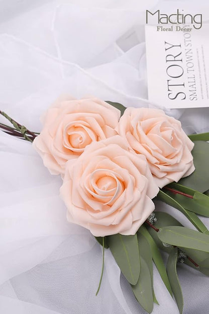 MACTING Artificial Flower Roses 30PCS Real Touch Fake Flowers with Stem Champagne Foam Roses for DIY Wedding Flower Bouquet Table Centerpieces Party Baby Shower Home Spring Mothers Day Decorations