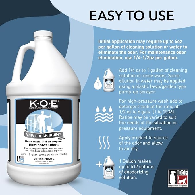 K.O.E. Fresh Scent Odor Eliminator Concentrate for Kennels, Cages, Floors & More - Non-Enzymatic Pet Odor Solution for Home & Dog Kennel - Home & Pet Supplies (1 Gal)-Mewly Pet