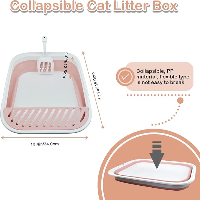 Foldable Cat Litter Box Open Potty Pan Portable Collapsible Cats Litter Boxs Travel Kitten Pan with Scoop Waterproof Low Entrance for Kitten and Easy Clean 17.7"×13.4"x4.9"(Pink)-Mewly Pet