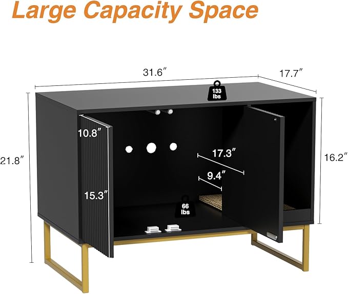 Cat Litter Box Enclosure, Fluted Hidden Litter Box Furniture with Scratch Pad and Metal Legs, Modern Enclosed Cat Cabinet, 31.5 x 17.7 x 21.7 Inches Indoor Pet House for Living Room, Washroom, Black-Mewly Pet