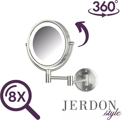 JERDON Wall-Mounted Makeup Mirror with Lights - Direct-Wired Lighted Makeup Mirror with 8X Magnification & Nickel Finish - Model HL88NLD
