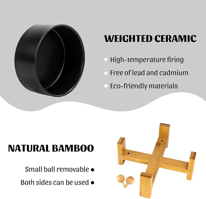 SPUNKYJUNKY 15° Slanted Ceramic Dog and Cat Bowl with Wooden Stand, Tilted Bulldog Food and Water Bowl No Slip Non-Spill for Cats Medium Dogs Big Face Pets 28.7 OZ (3.6 Cups, Black)-Mewly Pet