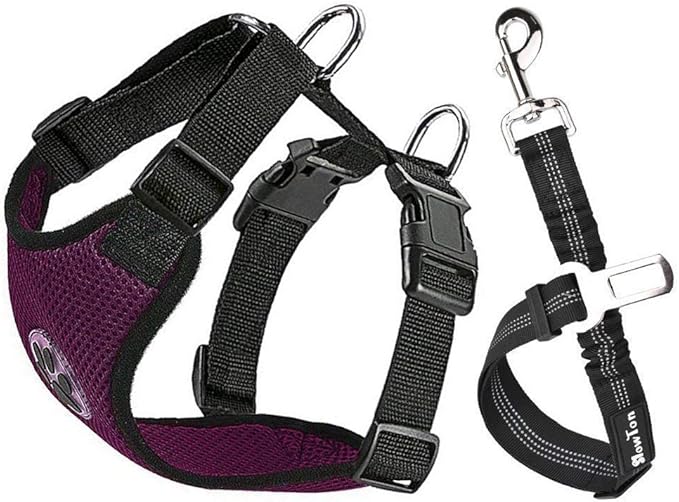 SlowTon Dog Seat Belt Harness for Car, Dog Car Harness Adjustable Mesh Breathable & Dog Seatbelt Safety Tether with Elastic Bungee for Small Medium Large Pets(Burgundy, Single Clip, L)-Mewly Pet