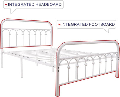 TUSEER Metal Bed Frame Full Size with Vintage Headboard and Footboard Platform Base Wrought Iron Bed Frame (Full, White)
