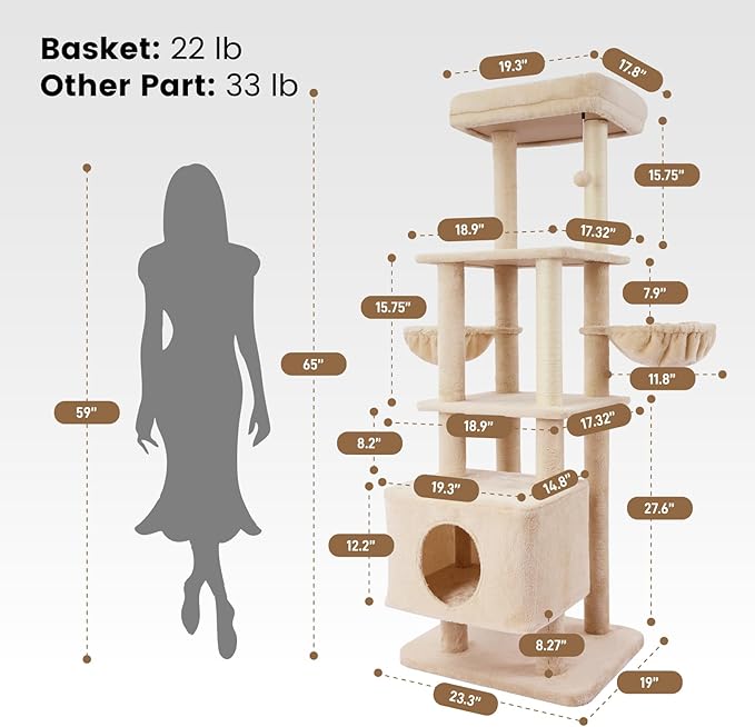 Gardner Pet 65in Heavy Duty Cat Tree Tower for Large Cats, Multi-Level Cat Furniture with Replaceable Sisal Scratching Post, Hammock | Extra-Large Platform & Condo (Beige)-Mewly Pet