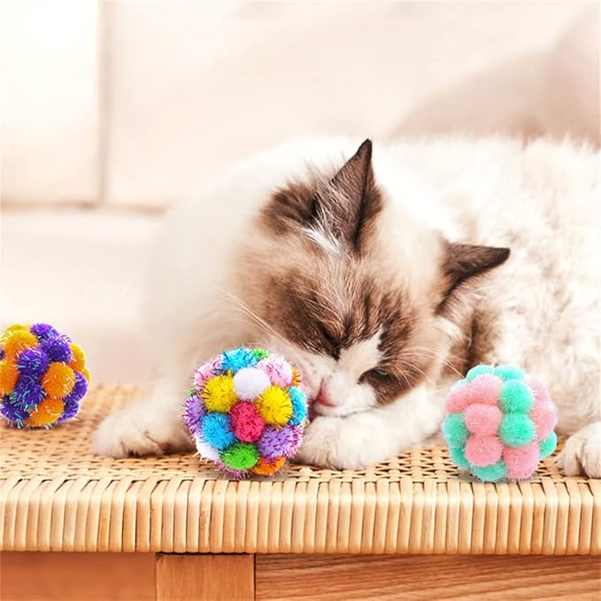TUSATIY Cat Toys Ball with Bells 3PCS, Color Cat Pom Pom Balls,Tinsel Sparkle Balls,Interactive Toy for Indoor Cats Kitten-Mewly Pet