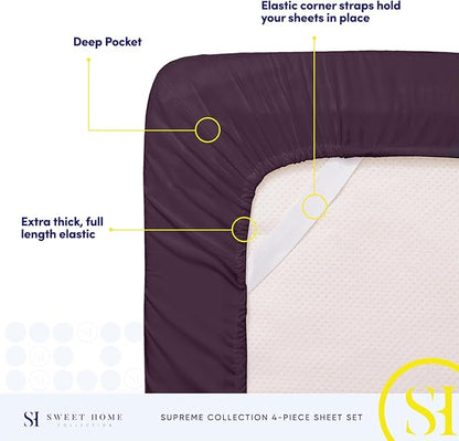 1800 Supreme Collection - Breathable Luxury Full Size Sheet Set with Full Elastic & Secure Corner Straps Built In, Extra Soft Deep Pocket Bedding, Purple