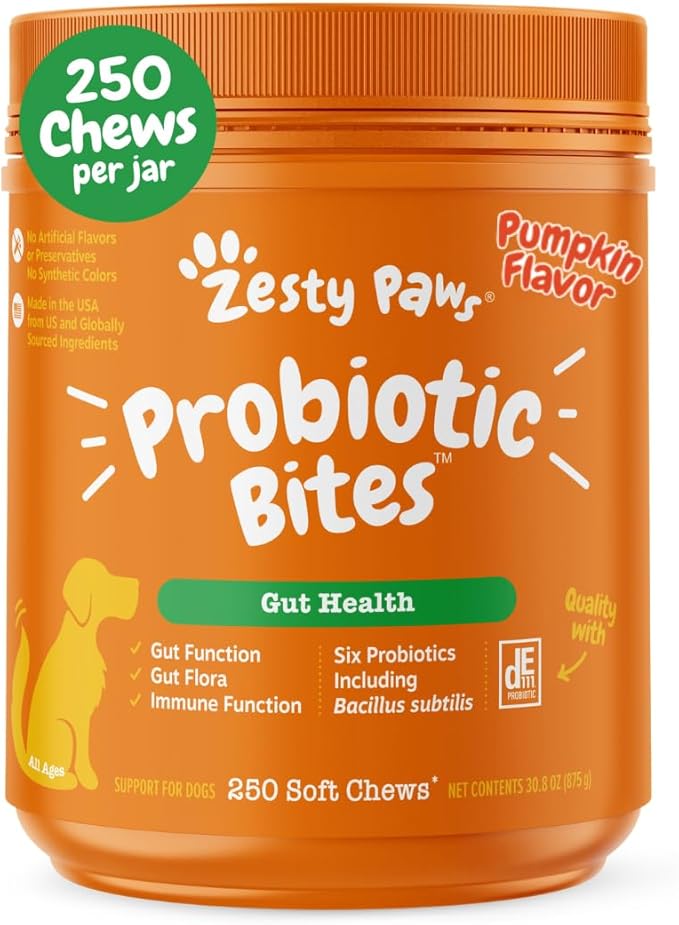 Zesty Paws Probiotics for Dogs, Digestive Enzymes Gut Flora, Digestive Health, Diarrhea & Bowel Support, DE111, Dog Probiotic Soft Chew for Pet Immune System, Pumpkin, 250 Ct-Mewly Pet