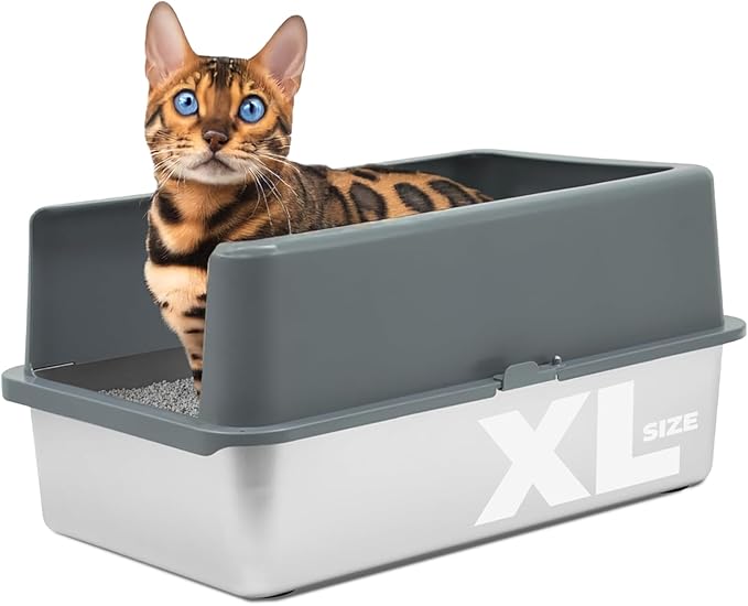 iPrimio XL Stainless Steel Litter Box with Enclosure - High-Sided Metal Litter Box for Large Cats - Easy to Clean, Rust-Resistant, and Durable - 23.5 x 15.5 x 6 Inches-Mewly Pet