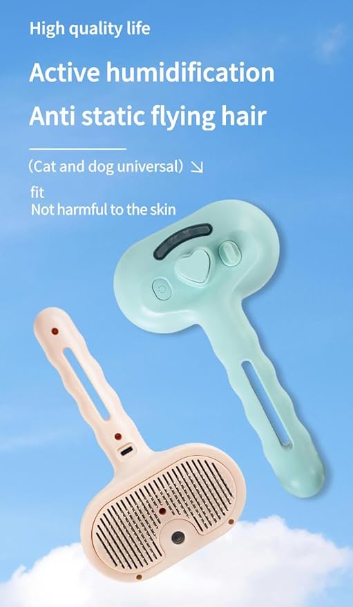 Pet Grooming Steam Brush, Pet Spray Hair Removal Comb, Anti-Static, Rechargeable, Comfortable Grip, for Dogs & Cats, Spray Hair Removal Comb, Steam Brush for Shedding & Grooming, White-Mewly Pet