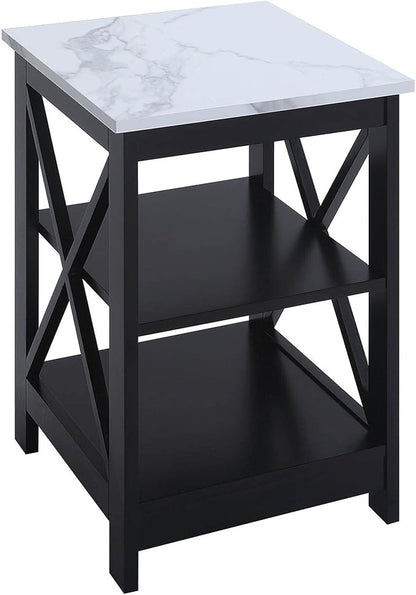 Convenience Concepts Oxford End Table 15.75" - Modern Living Room Table with Storage Shelves, Transitional Nightstand Side Table for Home Decor and Display, White Faux Marble/Black