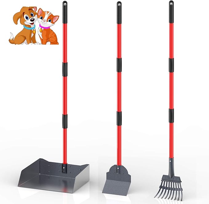 Larger Heavy Duty Pooper Scooper for Dogs-Rake, Spade,Tray Set with Long Handle,No Bend Down Easy Cleanup,Great for Yard Grass Gravel Dirt,Use for Large Small and Multi Dogs-Mewly Pet