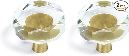 JEREVER 2 Pack Glass Crystal Knobs Brass Drawer Pull Cabinet Handle Gold Furniture Hardware for Dresser Kitchen (Polygon)