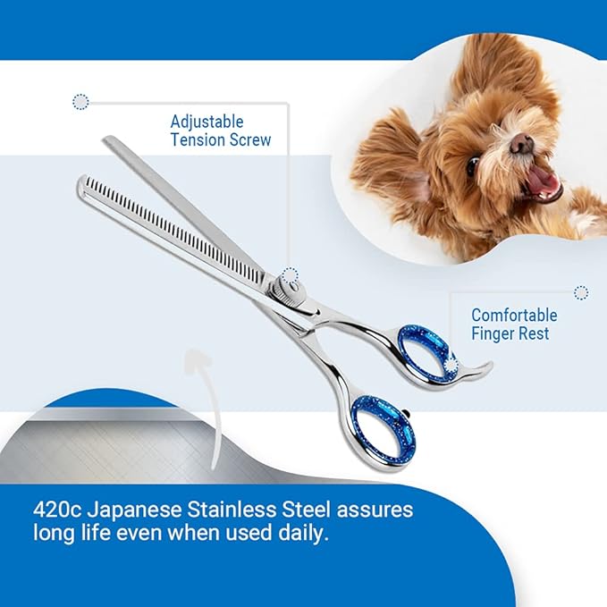 Laazar Pet Grooming Set - 7" Straight Pet Grooming Scissors & 6.5" Pet Thinning Shears with 42 Teeth | Professional Dog Scissors Kit | Use as Cat and Dog Shears-Mewly Pet