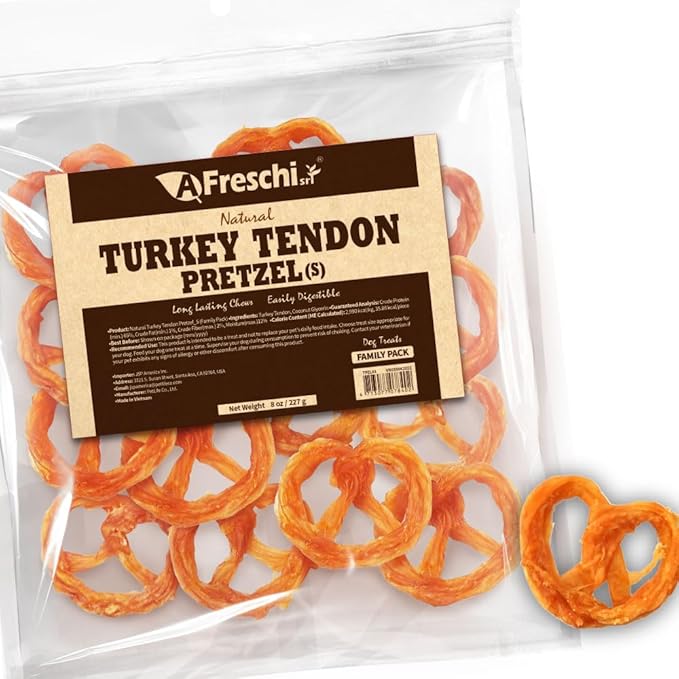 Afreschi Natural Turkey Tendon Pretzel (S) 8oz, USA-Sourced Turkey Tendon, All Natural Puppy Chew, Hypoallergenic, Rawhide Alternative, for Small Breeds-Mewly Pet