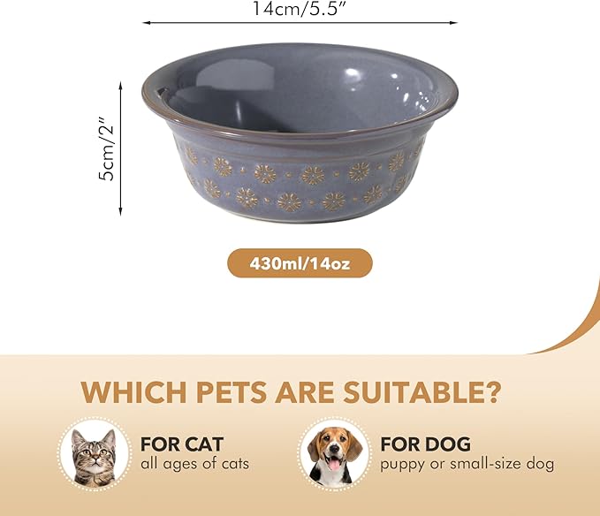 5.5inch Ceramic Set of 2 Dog and Cat Bowls, 2pcs Basic Food and Water Dishes for Puppy, Kitty, Wide Opening Rounded Edge (2 Bowls, Reactived Glaze -Grey)-Mewly Pet