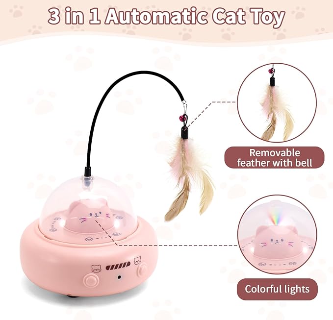 Automatic Cat Toys with Feathers, Interactive Cat Toy for Indoor Exercise, Rechargeable Teasing Toys for Indoor Cats, USB Powered, Smart Standby&Obstacle Avoidance(Pink)-Mewly Pet