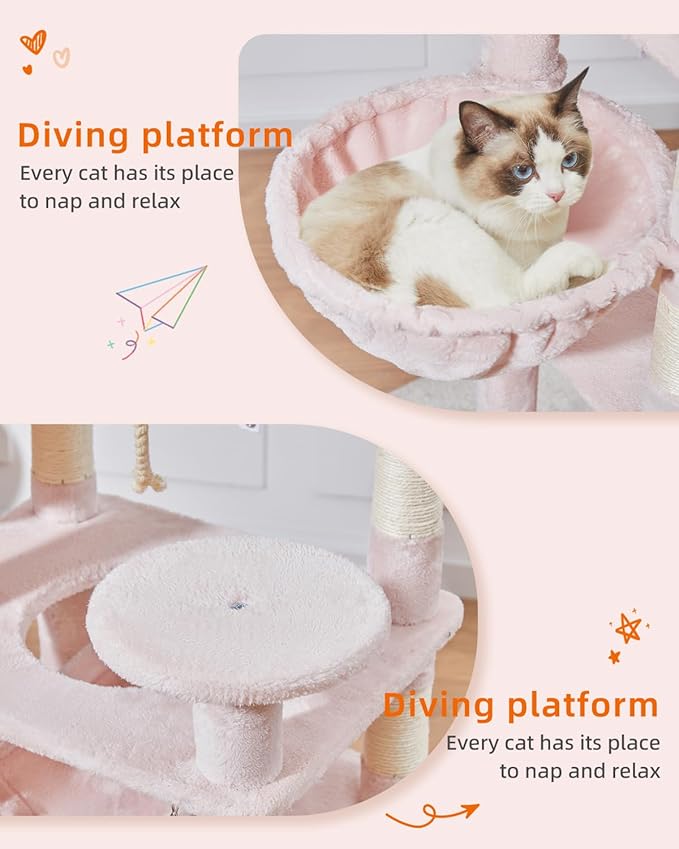 Taoqimiao Cat Tree, 71-Inch Cat Tree Cat Tower for Indoor Cats, Plush Multi-Level Cat Condo with 10 Scratching Posts, 2 Perches,Basket, 2 Caves,Hammock, 2 Pompoms,MS020P Jelly Pink-Mewly Pet