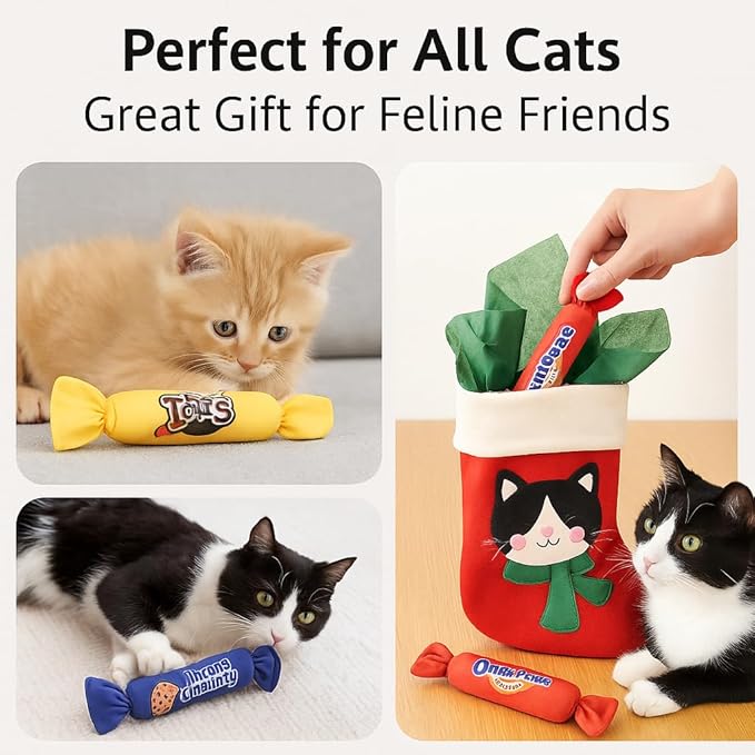 Catnip Candy Toys for Indoor Cats – 3-Pack Crinkle Cat Toys with Catnip Pouches, Durable Canvas & Soft Filling, Cat Chew Toys for Kittens & Adults (Yellow)-Mewly Pet
