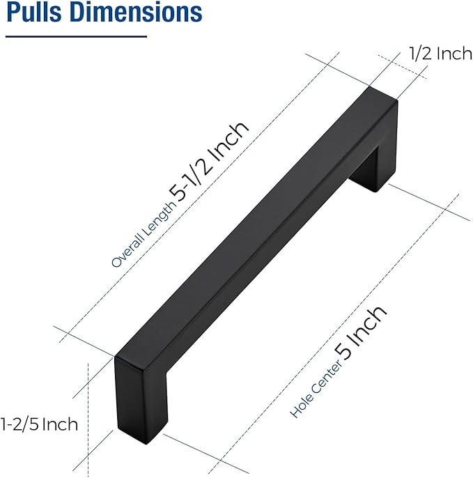 JOY DECOR 25 Pack Cabinet Handles, Black Cabinet Pulls, 5 Inch Kitchen Closet Handles Square Drawer Pulls Stainless Steel Drawer Hardware, 128mm Hole Centers