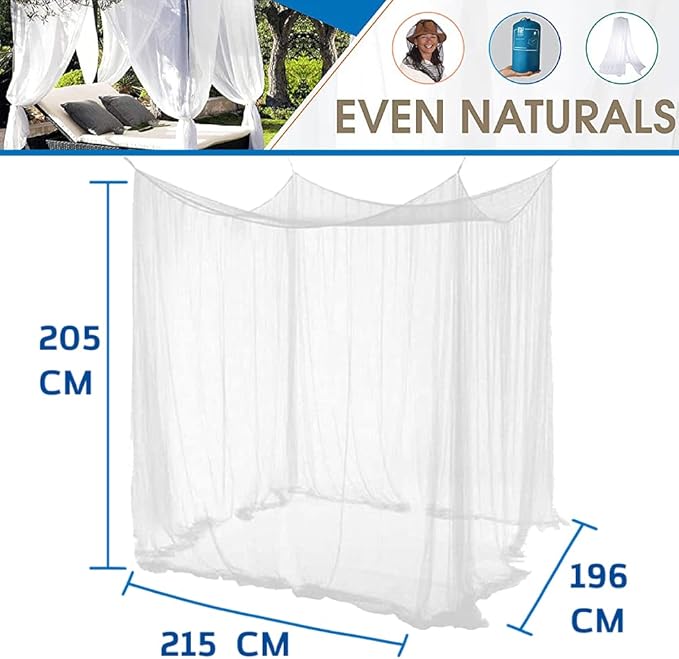 EVEN NATURALS Luxury Mosquito Net for Double to King Size Bed Canopy | Camping Screen House | Finest Mesh – 300 Holes per Square Inch, 2 Entries, Easy to Install, Hanging Kit, Storage Bag (X-Large)