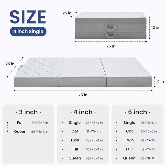 Foldable Mattress Single 4 inch -Portable White Memory Foam Folding Matress with Washable Cover for Camping Travel Guest Room Home Use-Non-Slip&Easy Storage