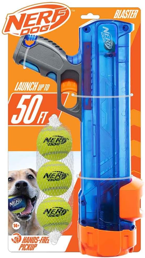 Nerf Dog Tennis Ball Blaster Dog Toy Gift Set, Tennis Ball Dog Fetch Toy Launches up to 50 ft, Dog Ball Thrower for All Breeds Includes Translucent Blue Tennis Ball Launcher and 3 Dog Tennis Balls-Mewly Pet
