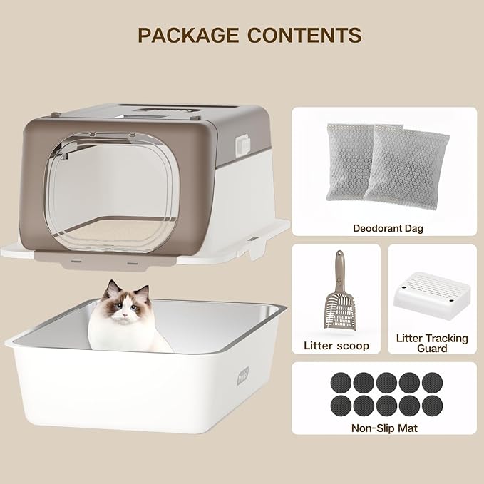 Stainless Steel Cat Litter Box with Lid, XX-Large Extra Large Litter Boxes for Large Cats,Enclosed Removable Metal Kitty Litter Box with High Sided,Magnetic Door,40L Box, Litter Trap Step/Mat-Mewly Pet