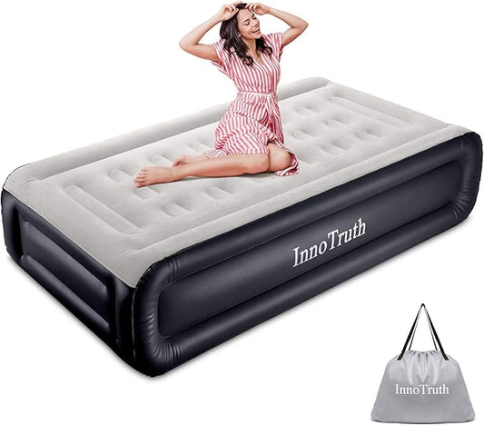 InnoTruth Raised Air Mattress with Built-in Pump,18in Elevated Inflatable Mattress with Carrying Bag for Home and Camping, Twin Size Blow Up Bed，Black