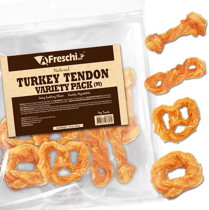 Afreschi Turkey Tendon Variety Pack (M) 10 oz, USA-Sourced Turkey Tendon, All Natural Puppy Chew, Hypoallergenic, Rawhide Alternative-Mewly Pet