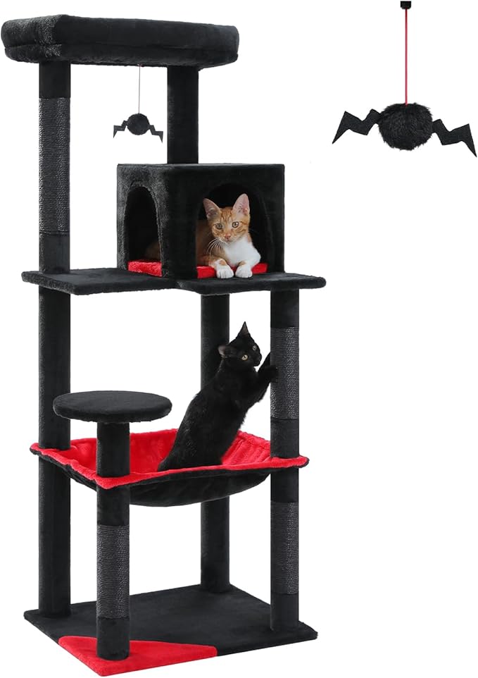 PETEPELA 56.3" Gothic Cat Tree for Indoor Cats, Tall Cat Tower with Super Large Hammock (20"X16"), Sisal Covered Scratching Posts, Cozy Condo and Top Perch Black-Mewly Pet