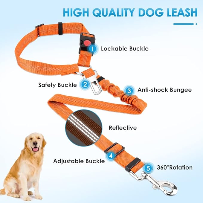 SlowTon Dog Seat Belt for Car, 2 Pack Dog Car Harness Seatbelt Adjustable with Elastic Bungee Buffer, 2 in 1 Pet Car Leash Headrest Restraint Dog Reflective Safety Tether (Orange, Headrest+Clip)-Mewly Pet