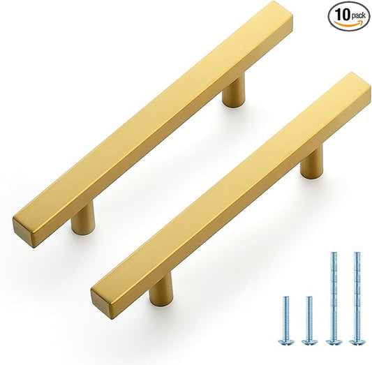 JOY DECOR 10 Pack 3-1/2 Inch Brushed Brass Square Cabinet Handles Stainless Steel Cabinet Hardware Pulls for Kitchen and Drawers with 6 Inch Overall Length