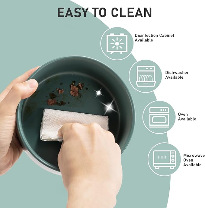 SPUNKYJUNKY 15° Slanted Ceramic Dog and Cat Bowl with Wooden Stand, Tilted Bulldog Food and Water Bowl No Slip Non-Spill for Cats Medium Dogs Big Face Pets 28.7 OZ (3.6 Cups, Green × 2)-Mewly Pet