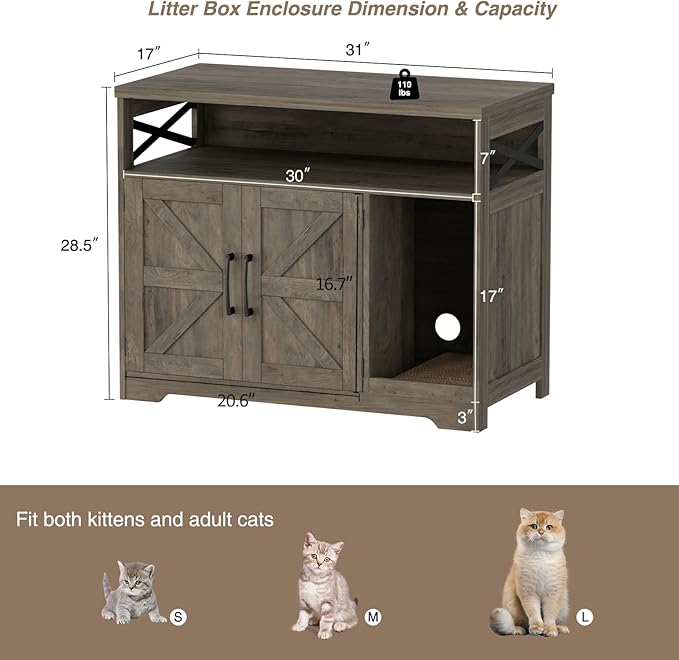 Cat Litter Box Enclosure, Hidden Litter Box Furniture with Scratch Pad, Farmhouse Indoor Cat House Washroom End Table, Grey-Mewly Pet