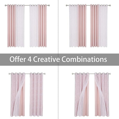 BONZER Mix and Match Curtains - 2 Pieces Branch Print Sheer Curtains and 2 Pieces Blackout Curtains for Bedroom Living Room Grommet Window Drapes, 54x95 Inch/Panel, Blush, Set of 4 Panels