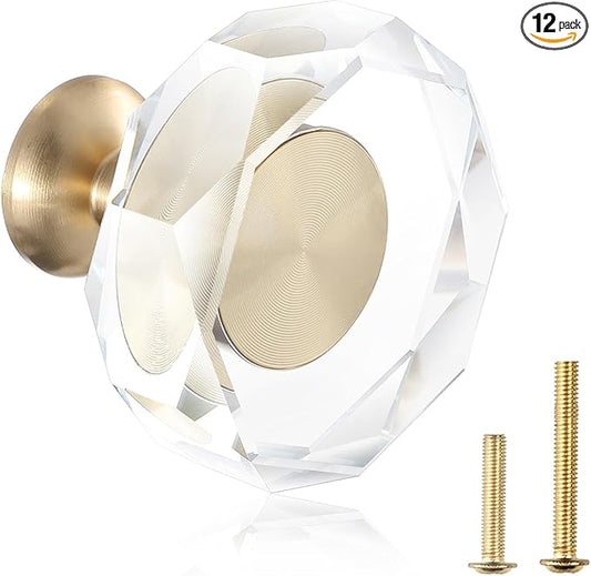 12-Pack 1-1/4-Inch White Cabinet Glass Crystal Patterned knob Brass Drawer Dresser Pulls, Gold Hardware Kitchen Closet knobs for Bifold Doors