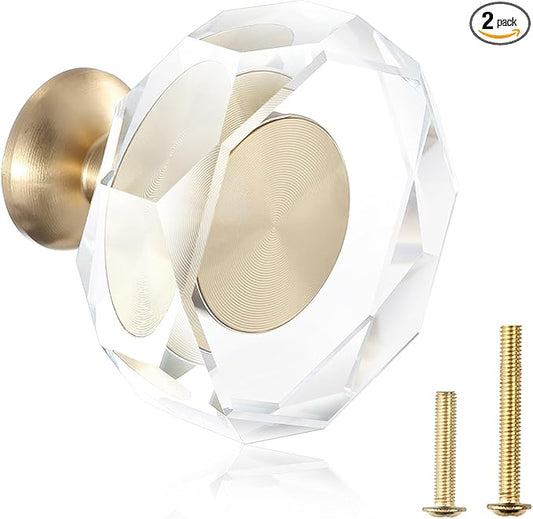 2-Pack 1-1/4-Inch White Cabinet Glass Crystal Patterned knob Brass Drawer Dresser Pulls, Gold Hardware Kitchen Closet knobs for Bifold Doors