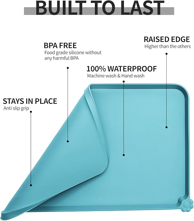 Waterproof Pet Feeding Mat with High Raised Edges, Heavier and Thicker Placemats for Cat Dog Water Bowl with BPA Free, Dogs Cats Food Mats for Messy Drinkers to Prevent Spill and Protect Floors-Mewly Pet