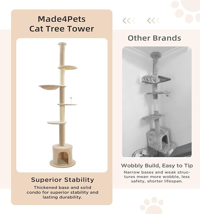 Made4Pets Floor to Ceiling Cat Tree 93-106'',Tall Cat Tower 5 Tiers, Adjustable Height, Stable Cat Tree Tower with Scratching Posts, Fluffy Condo, Hammock and Ball Toy for Indoor Cats/Kitten, Beige-Mewly Pet