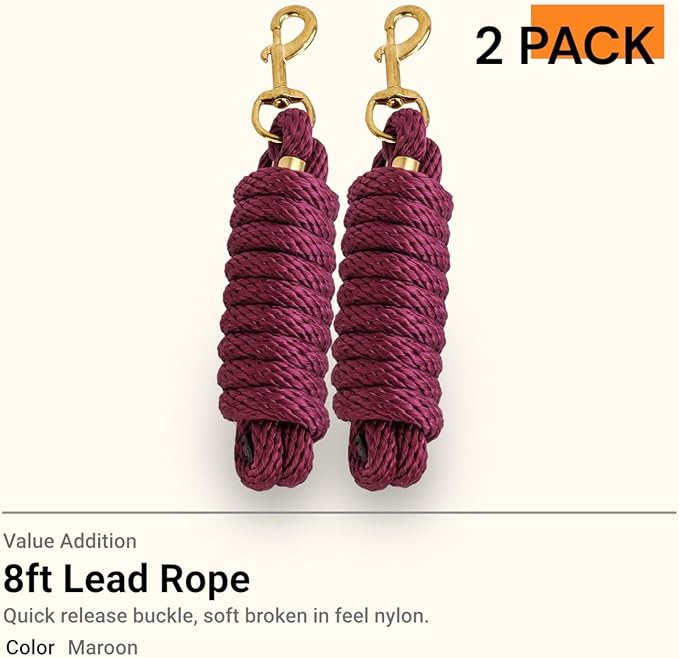 (Pack of 2) Nylon 8ft Lead Ropes for Horse Halters (Maroon)-Mewly Pet