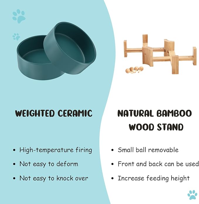 SPUNKYJUNKY 15° Slanted Ceramic Dog and Cat Bowl with Wooden Stand, Tilted Bulldog Food and Water Bowl No Slip Non-Spill for Cats Medium Dogs Big Face Pets 13.5 OZ (1.7 Cups, Green × 2)-Mewly Pet