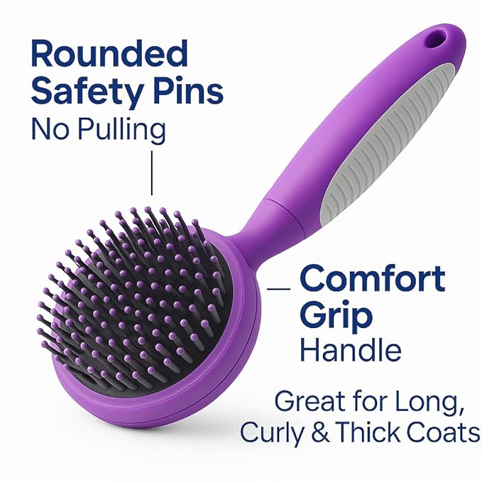 Round Bristle Pet Brush for Dogs and Cats - Soft Dog Brush for Grooming Short or Long Hair - Gentle Tool for Sensitive Skin Removes Dander, Dirt, and Detangles (Purple)-Mewly Pet