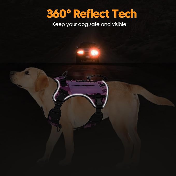 Heavy-Duty Tactical Dog Harness for Large Dogs, No Pull Adjustable Reflective Pet Vest with Molle System, K9 Military-Grade Control for Service Training, Outdoor & 10+ Breeds, Purple Camo, X-Large-Mewly Pet