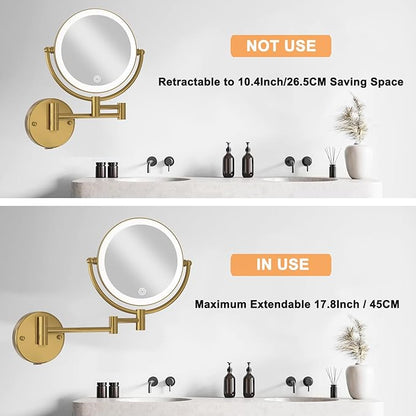 Hardwired Bathroom Makeup Mirror Wall Mount Gold, Double Sided 1/10X Magnifying Make up Mirror with Lights 3 Color & Adjustable Brightness, 360 Swing Arm Shaving Mirror, Brushed Moderne Brass
